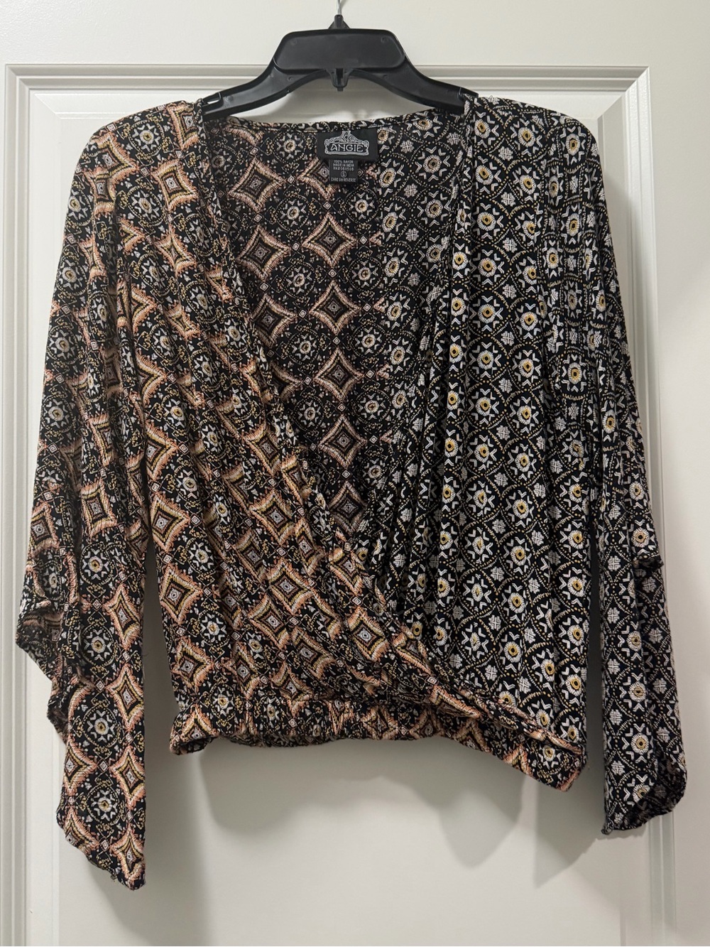 Women's Black & Tan Geometric Wrap-Style V-Neck Blouse